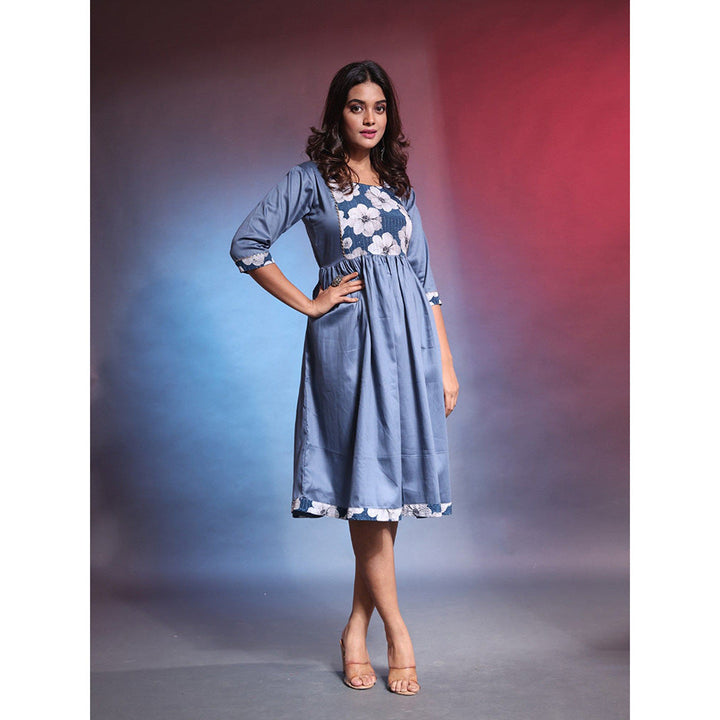 CHARUKRITI Blue Gathered Cotton Ethnic Printed Dress