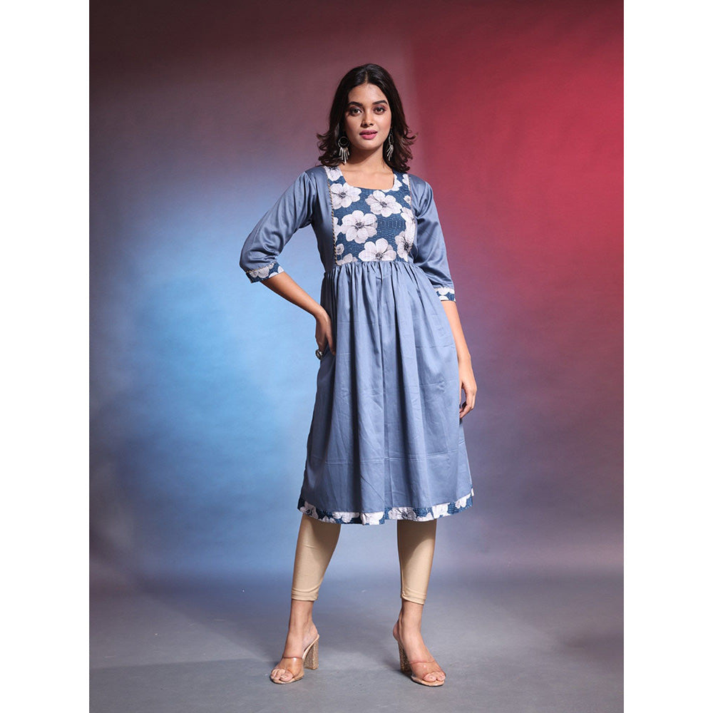 CHARUKRITI Blue Gathered Cotton Ethnic Printed Dress