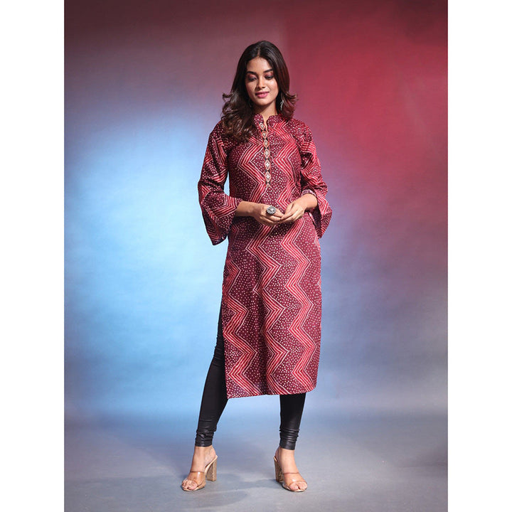 CHARUKRITI Maroon Rayon Bandhani Printed Straight Kurta