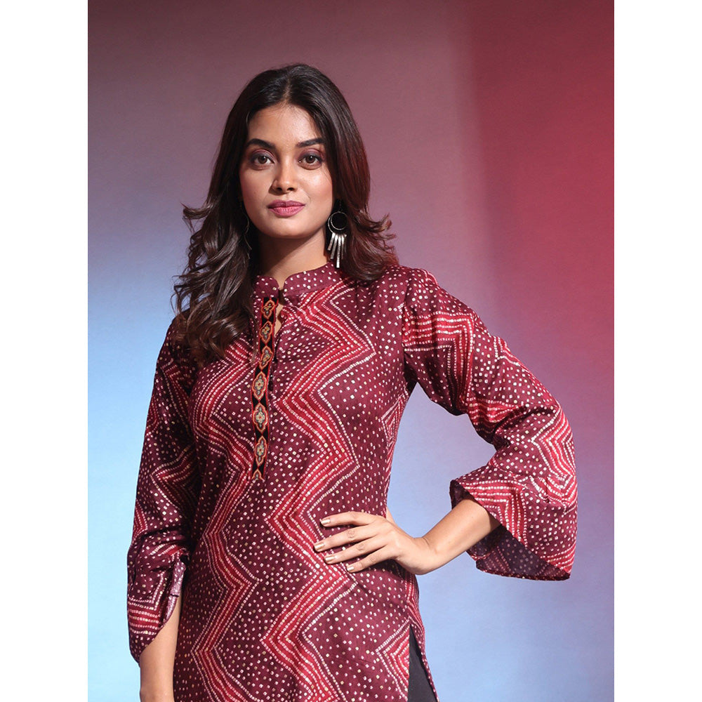 CHARUKRITI Maroon Rayon Bandhani Printed Straight Kurta