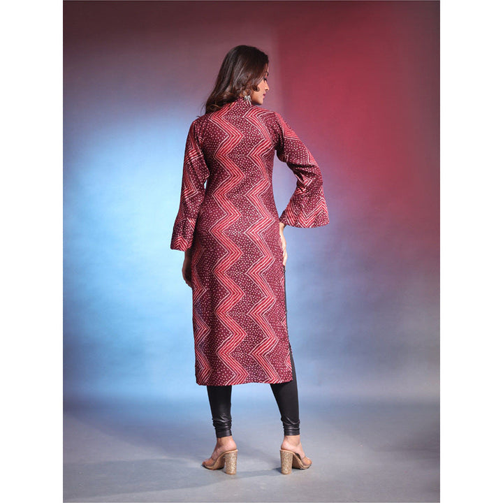 CHARUKRITI Maroon Rayon Bandhani Printed Straight Kurta