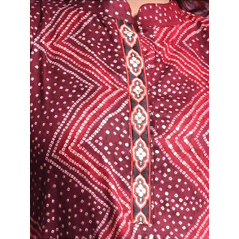 CHARUKRITI Maroon Rayon Bandhani Printed Straight Kurta