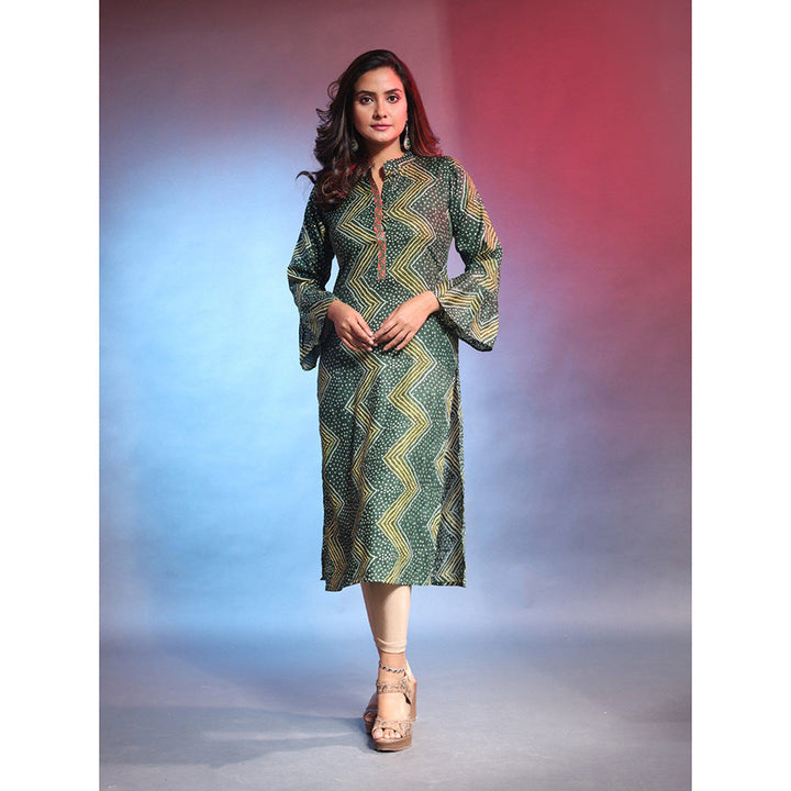 CHARUKRITI Emerald Green Rayon Bandhani Printed Straight Kurta