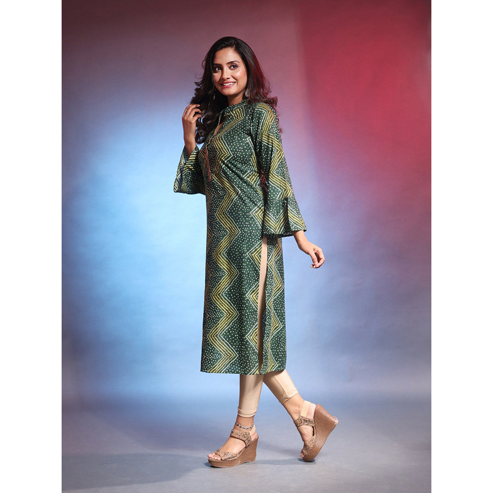 CHARUKRITI Emerald Green Rayon Bandhani Printed Straight Kurta