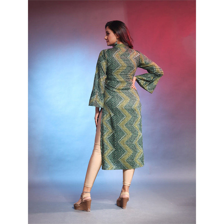 CHARUKRITI Emerald Green Rayon Bandhani Printed Straight Kurta