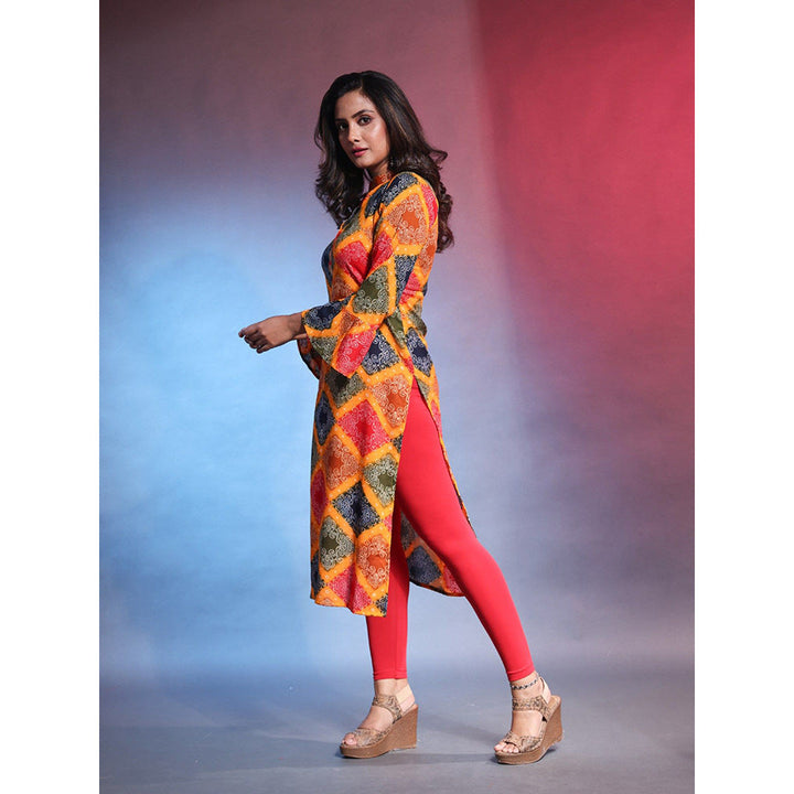 CHARUKRITI Multi-Color Rayon Bandhani Printed Straight Kurta