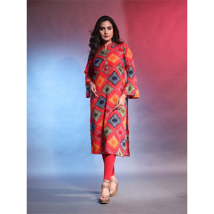 CHARUKRITI Multi-Color Rayon Bandhani Printed Straight Kurta