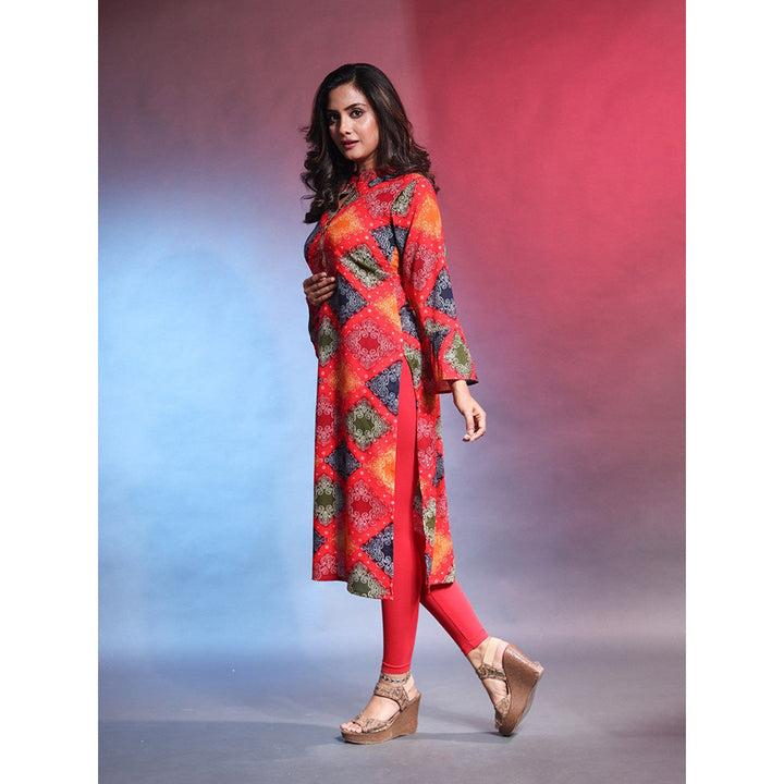 CHARUKRITI Multi-Color Rayon Bandhani Printed Straight Kurta