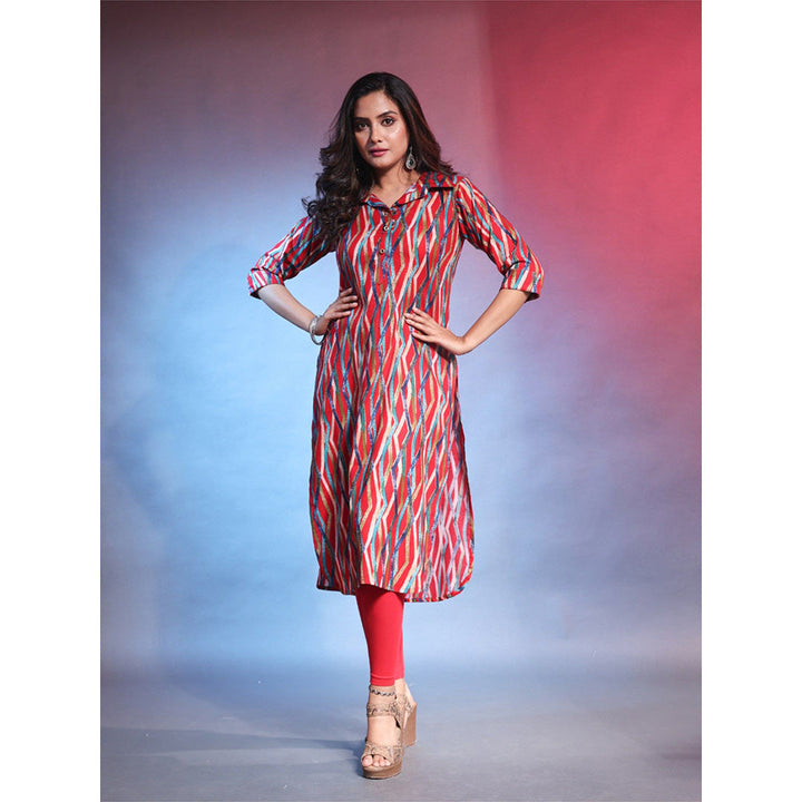 CHARUKRITI Red Rayon Printed Straight Kurta