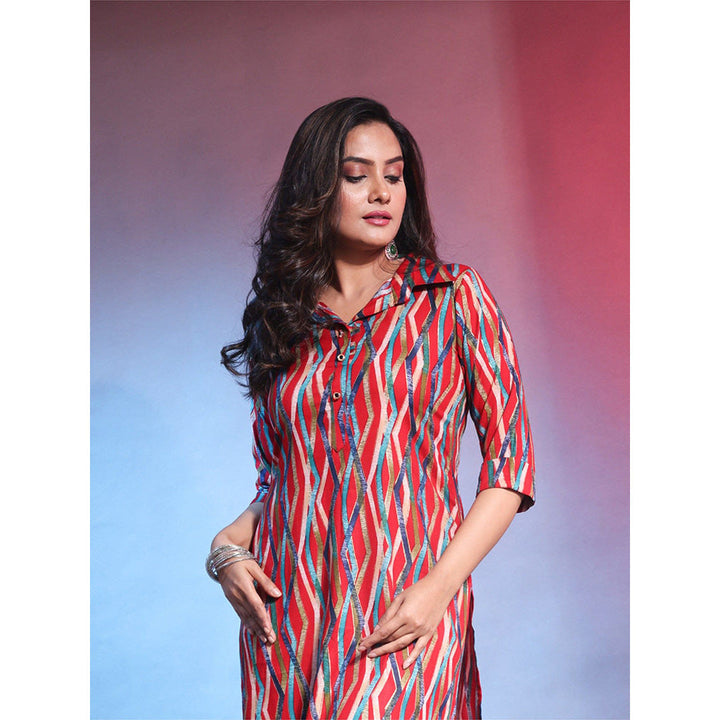 CHARUKRITI Red Rayon Printed Straight Kurta