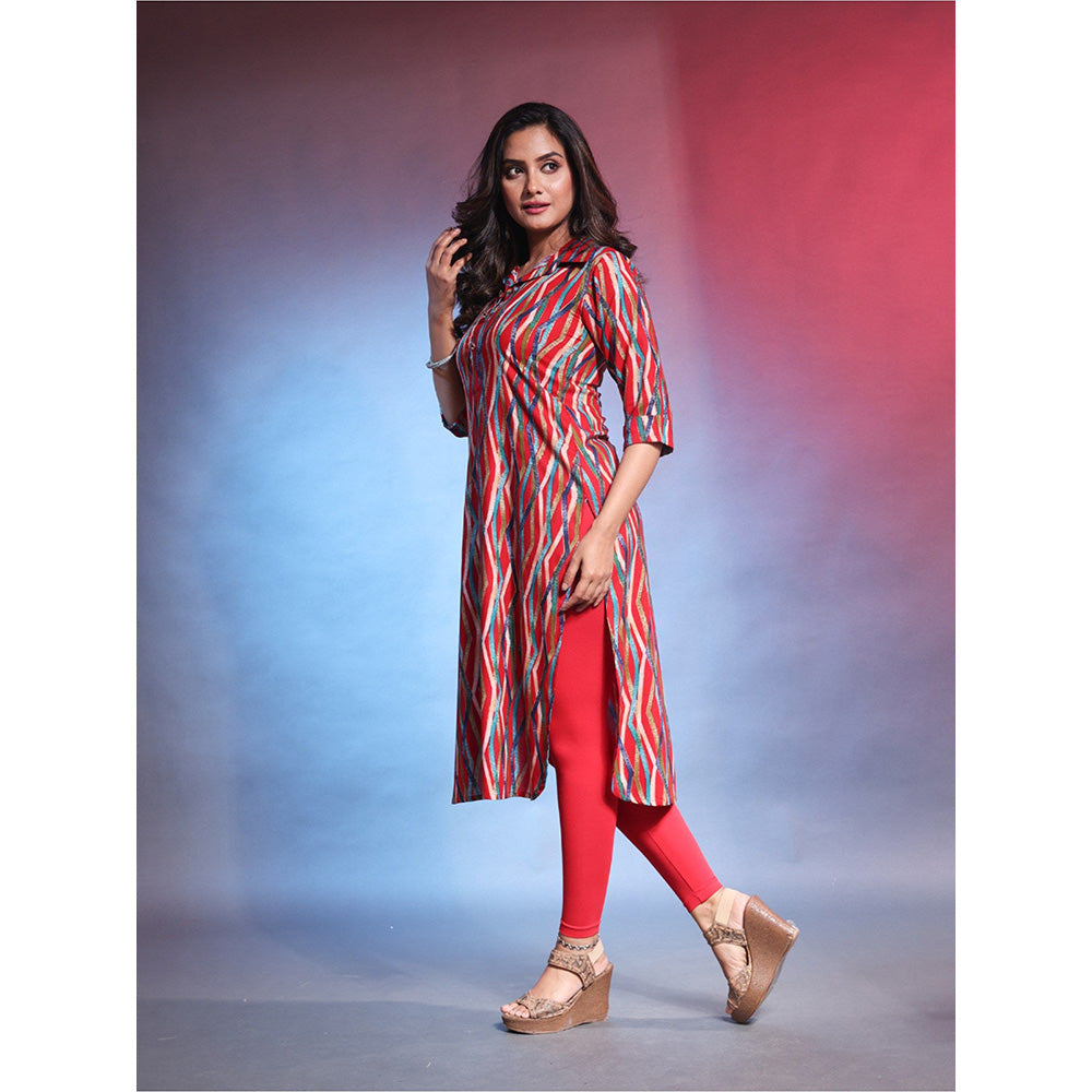 CHARUKRITI Red Rayon Printed Straight Kurta