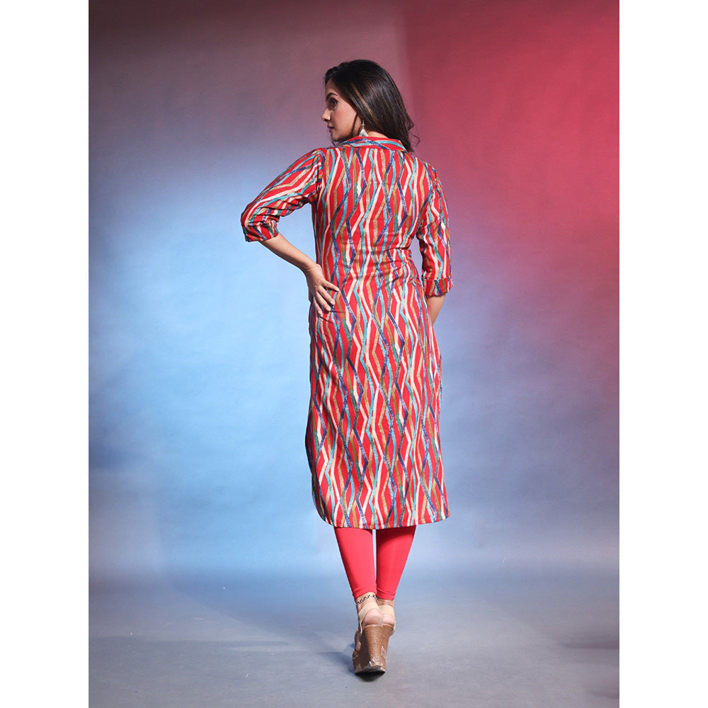 CHARUKRITI Red Rayon Printed Straight Kurta