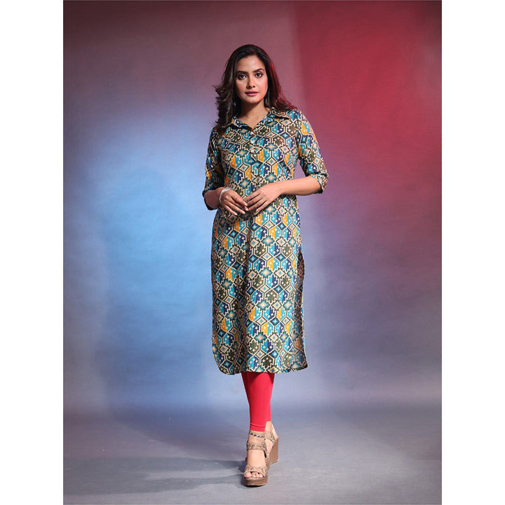 CHARUKRITI Green Rayon Printed Straight Kurta