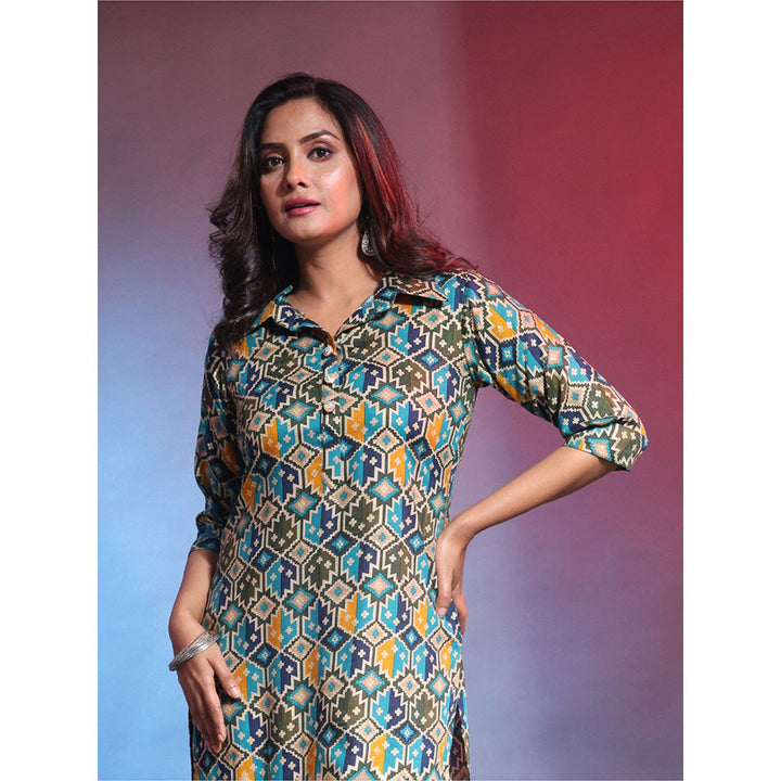 CHARUKRITI Green Rayon Printed Straight Kurta