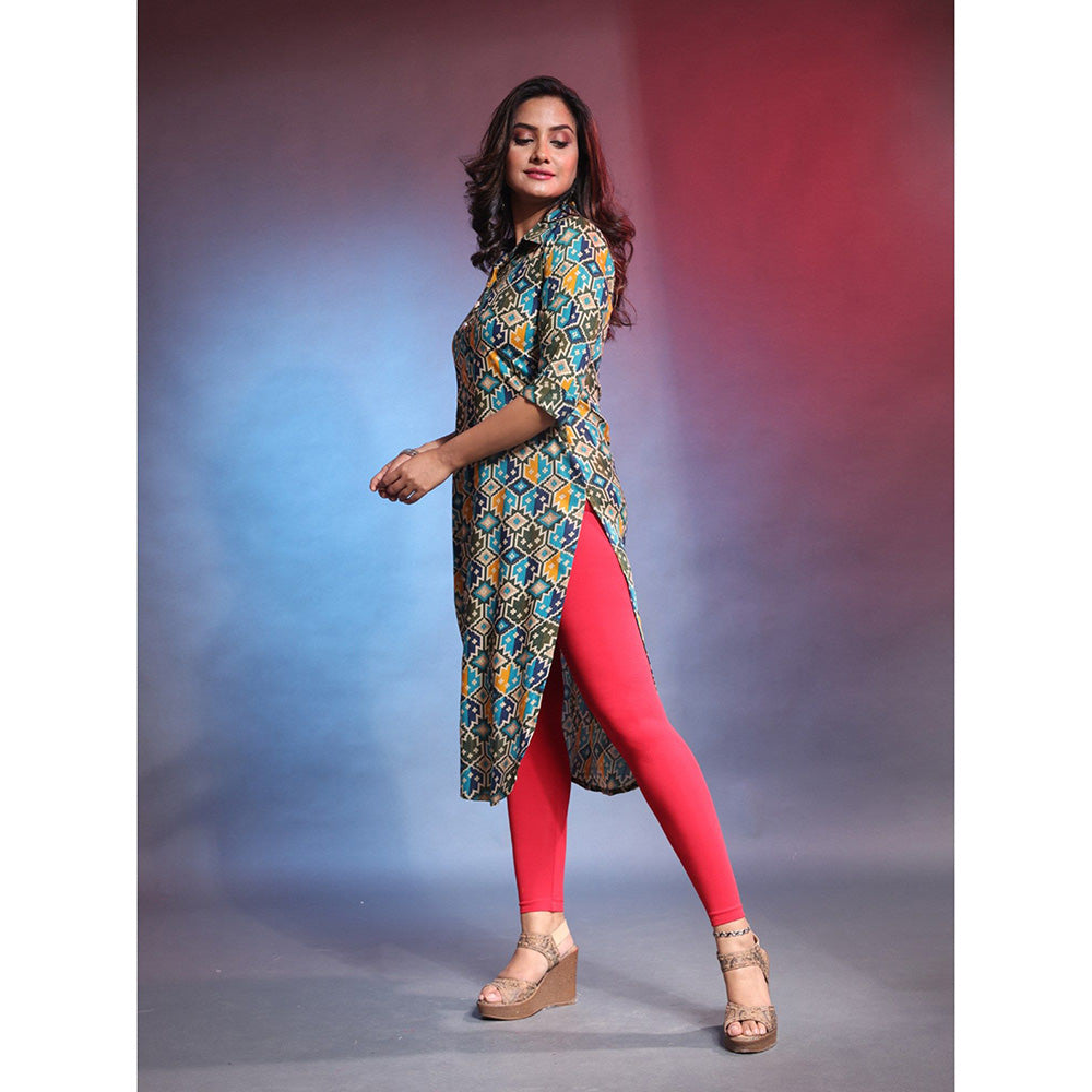 CHARUKRITI Green Rayon Printed Straight Kurta