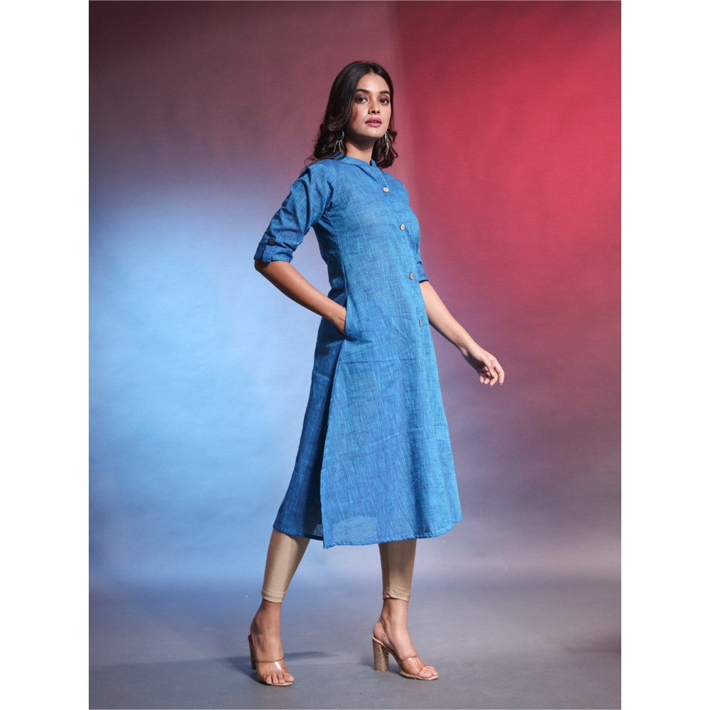 CHARUKRITI Sapphire Blue Solid Cotton A-Line Kurta