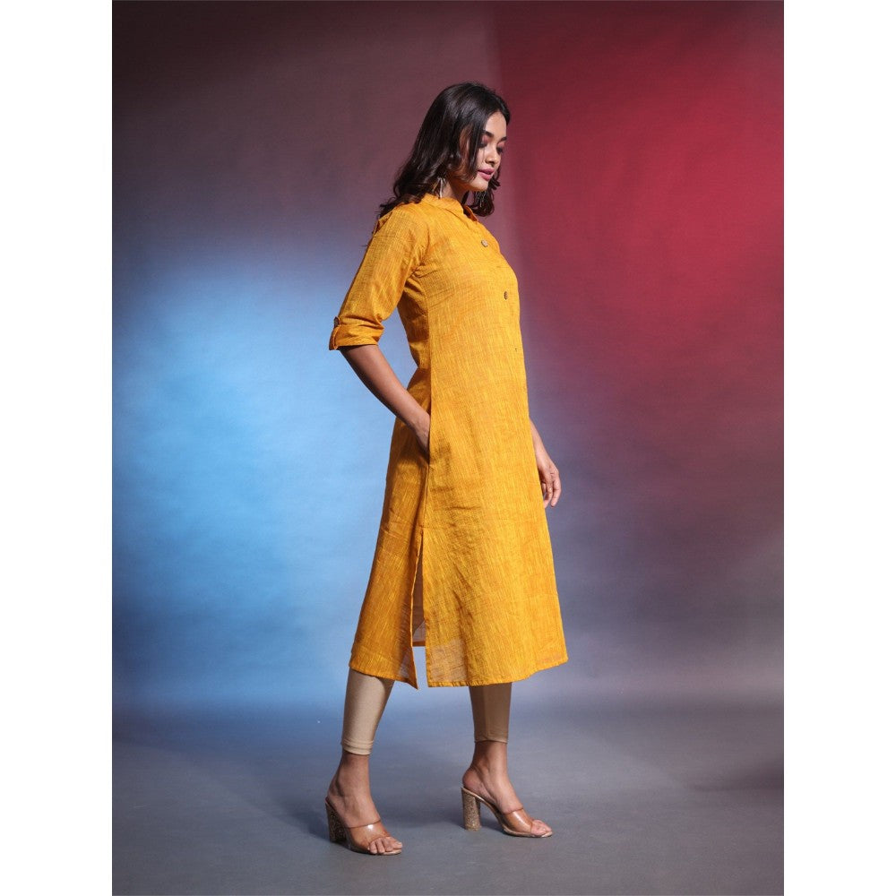 CHARUKRITI Yellow Solid Cotton A-Line Kurta