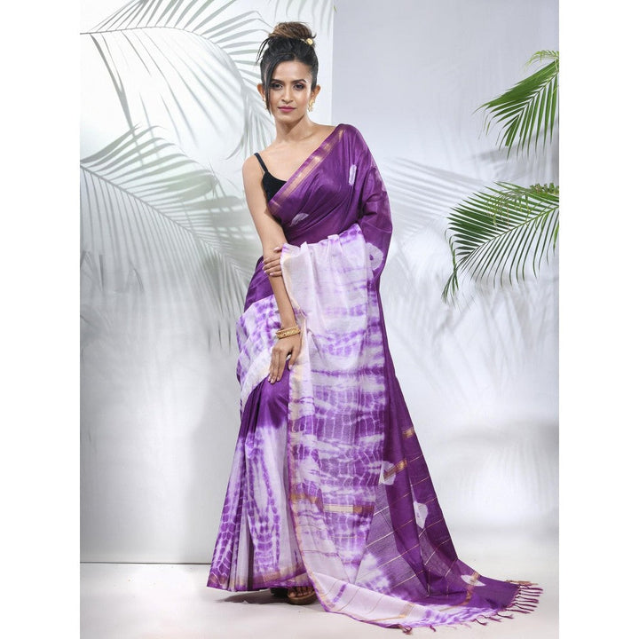 CHARUKRITI Violet and White Shibori Printed Silk Saree with Unstitched Blouse