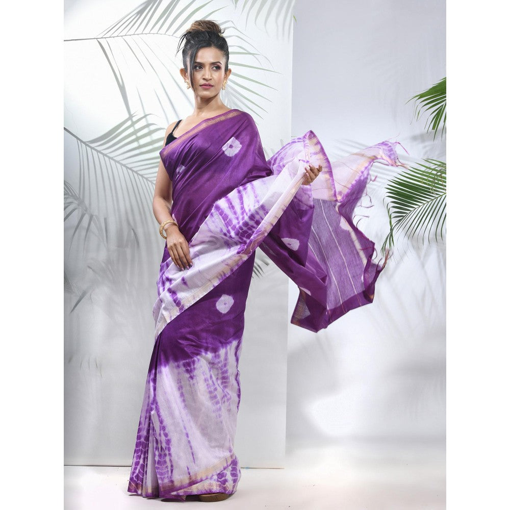 CHARUKRITI Violet and White Shibori Printed Silk Saree with Unstitched Blouse