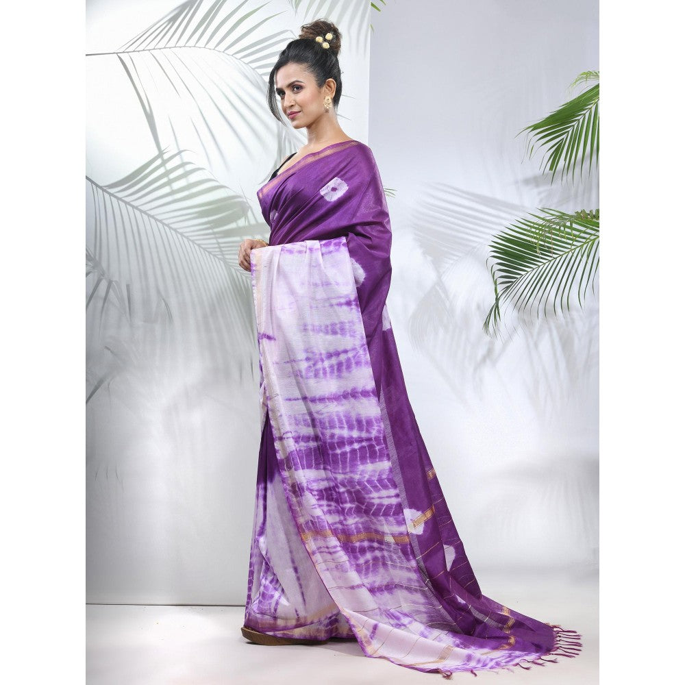 CHARUKRITI Violet and White Shibori Printed Silk Saree with Unstitched Blouse