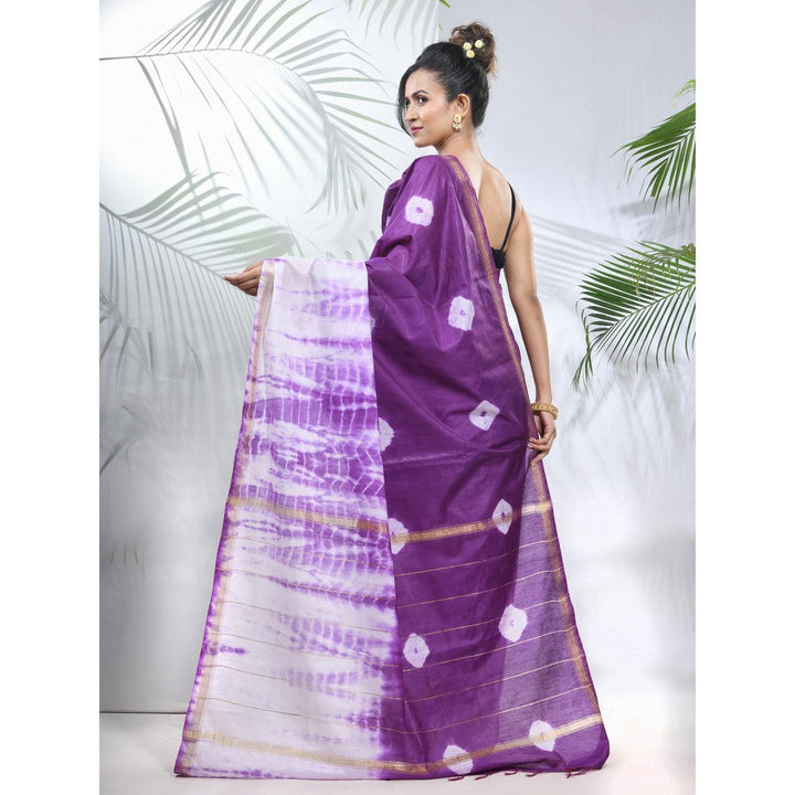 CHARUKRITI Violet and White Shibori Printed Silk Saree with Unstitched Blouse