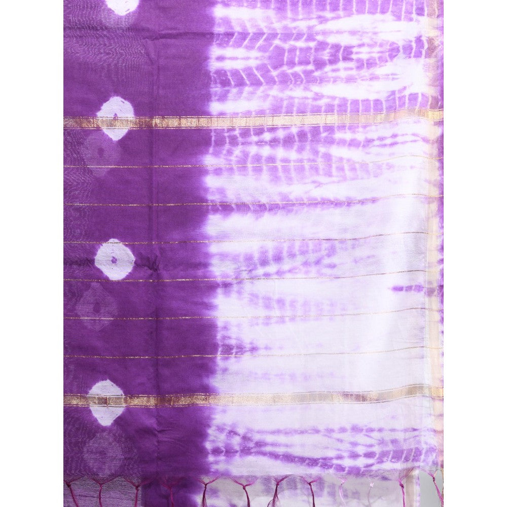 CHARUKRITI Violet and White Shibori Printed Silk Saree with Unstitched Blouse