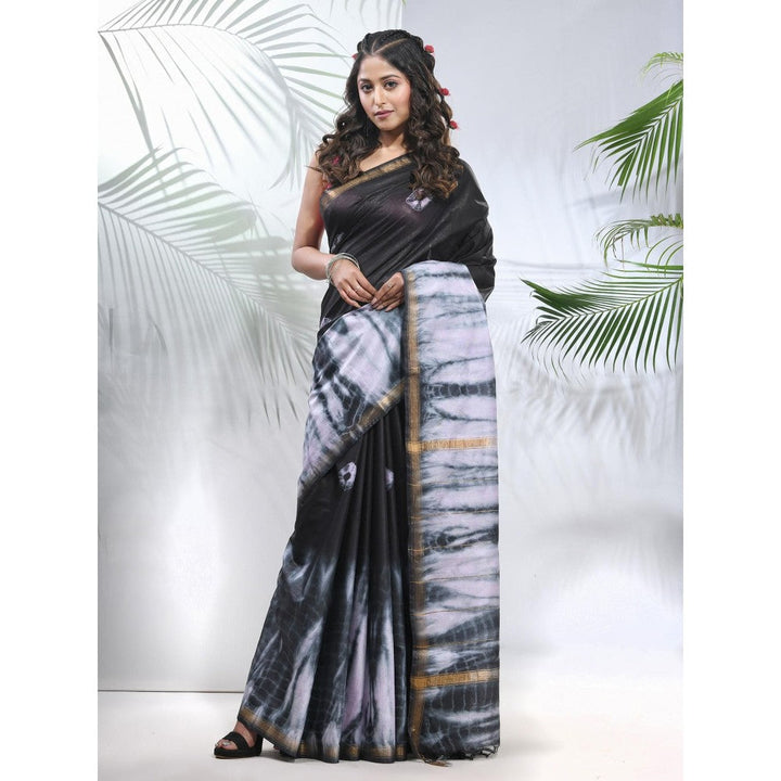 CHARUKRITI Black and White Shibori Printed Silk Saree with Unstitched Blouse