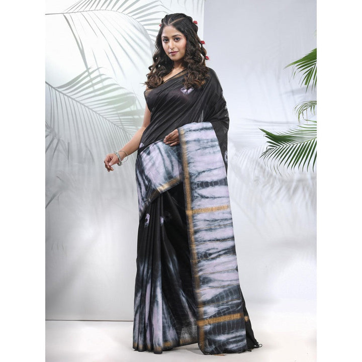 CHARUKRITI Black and White Shibori Printed Silk Saree with Unstitched Blouse