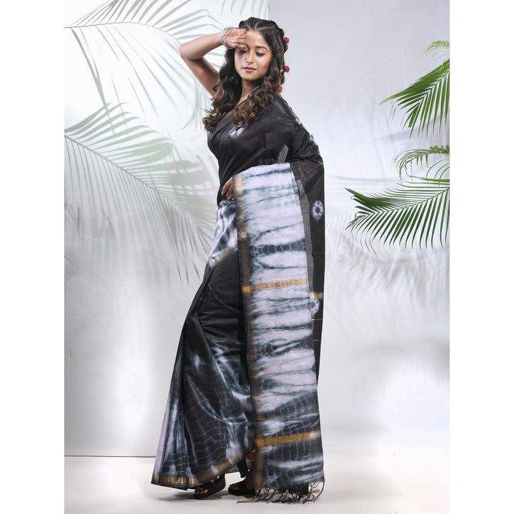 CHARUKRITI Black and White Shibori Printed Silk Saree with Unstitched Blouse