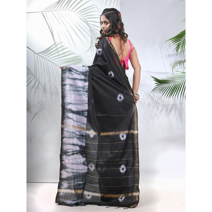 CHARUKRITI Black and White Shibori Printed Silk Saree with Unstitched Blouse