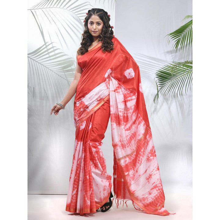 CHARUKRITI Red and White Shibori Printed Silk Saree with Unstitched Blouse