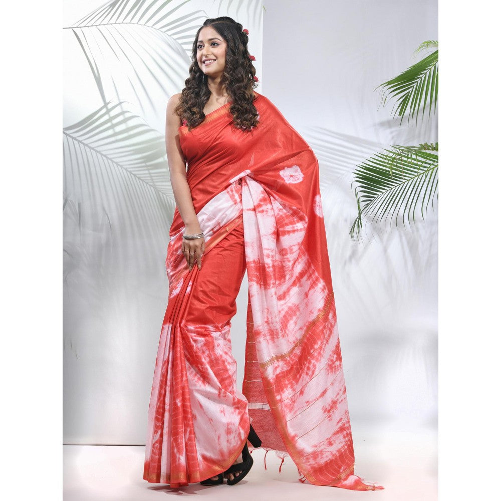 CHARUKRITI Red and White Shibori Printed Silk Saree with Unstitched Blouse