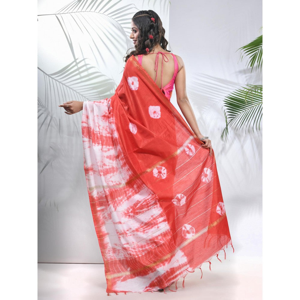 CHARUKRITI Red and White Shibori Printed Silk Saree with Unstitched Blouse