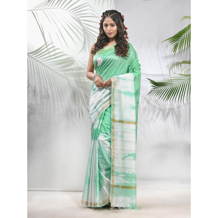 CHARUKRITI Tea Green and White Shibori Printed Silk Saree with Unstitched Blouse