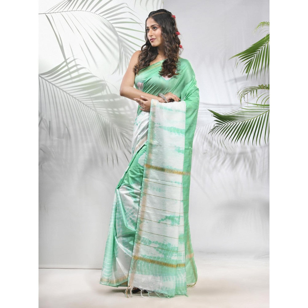 CHARUKRITI Tea Green and White Shibori Printed Silk Saree with Unstitched Blouse