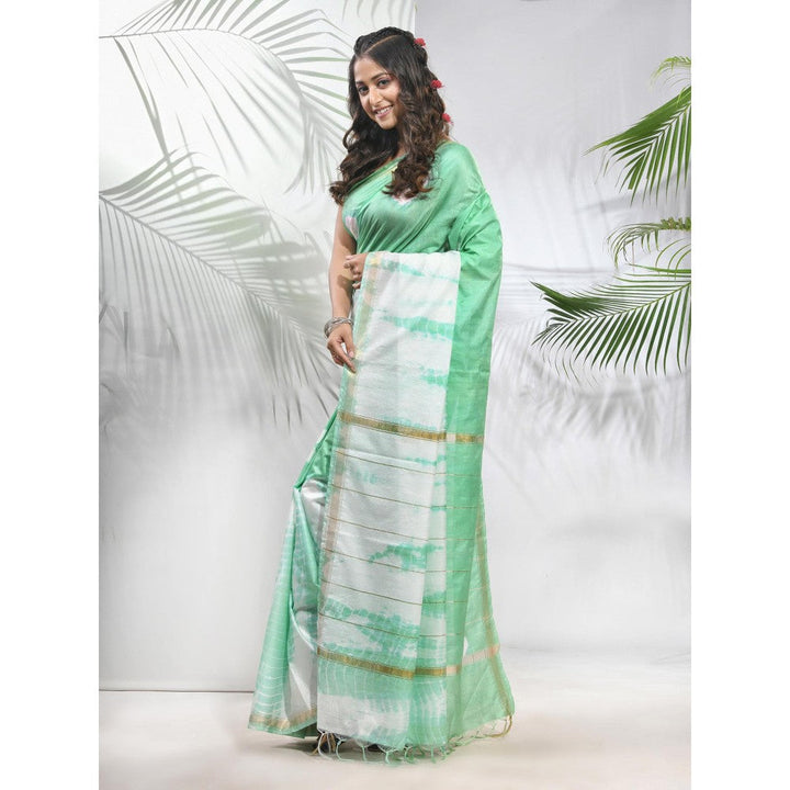 CHARUKRITI Tea Green and White Shibori Printed Silk Saree with Unstitched Blouse