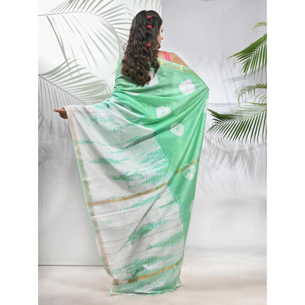 CHARUKRITI Tea Green and White Shibori Printed Silk Saree with Unstitched Blouse