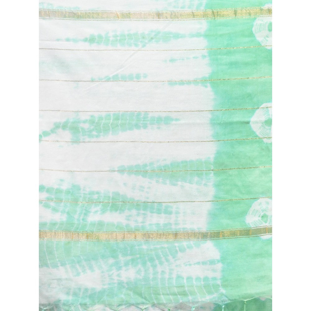 CHARUKRITI Tea Green and White Shibori Printed Silk Saree with Unstitched Blouse