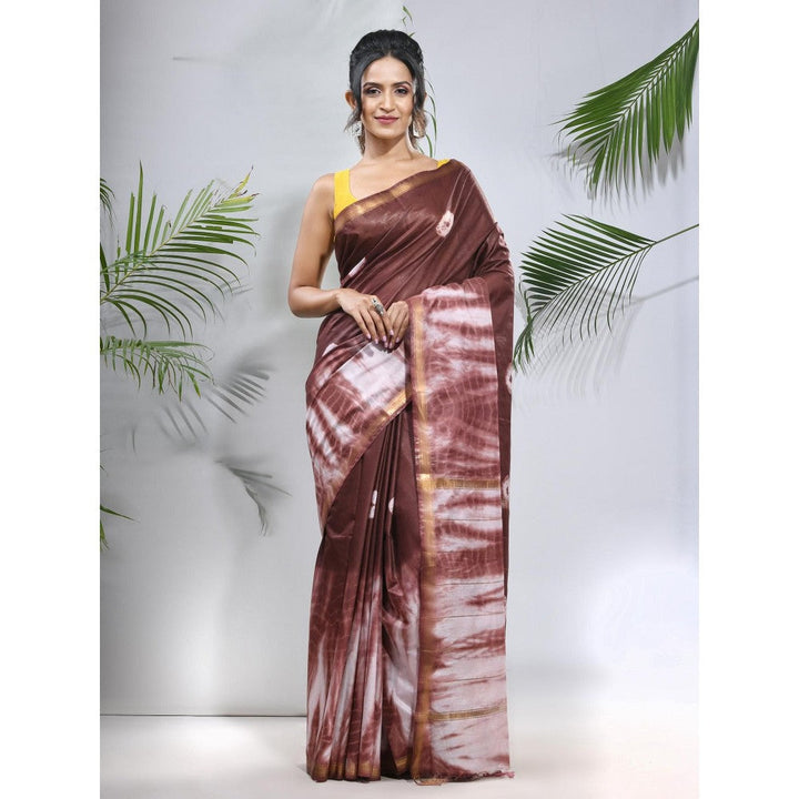 CHARUKRITI Brown and White Shibori Printed Silk Saree with Unstitched Blouse