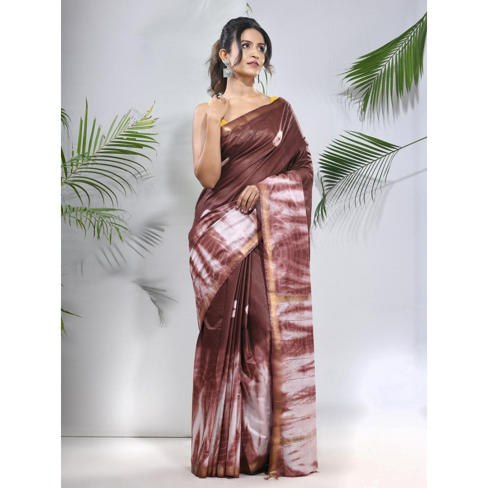 CHARUKRITI Brown and White Shibori Printed Silk Saree with Unstitched Blouse