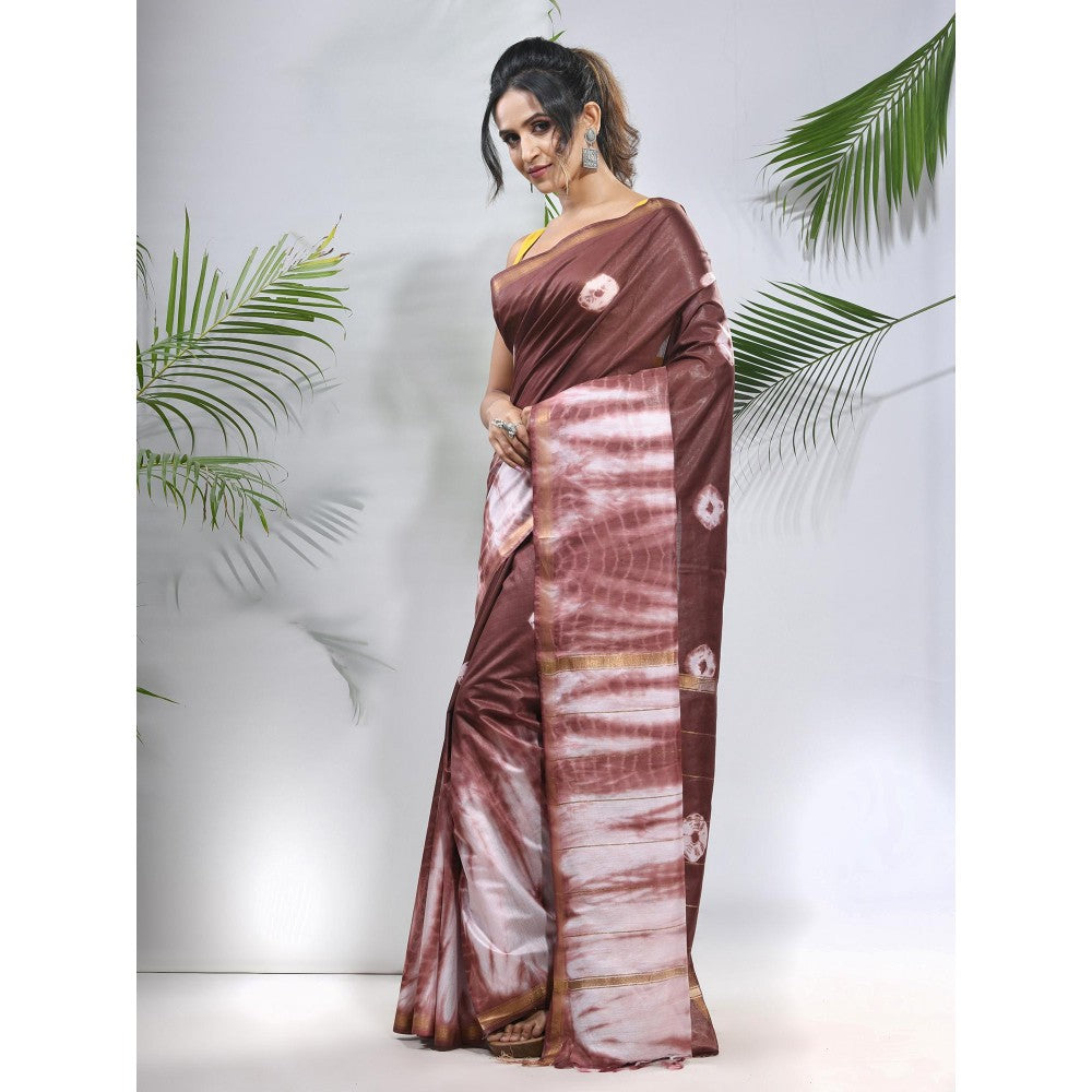 CHARUKRITI Brown and White Shibori Printed Silk Saree with Unstitched Blouse