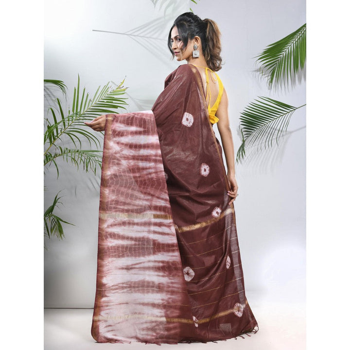 CHARUKRITI Brown and White Shibori Printed Silk Saree with Unstitched Blouse