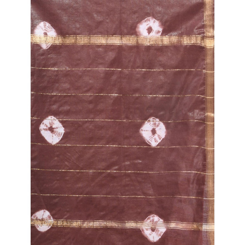 CHARUKRITI Brown and White Shibori Printed Silk Saree with Unstitched Blouse