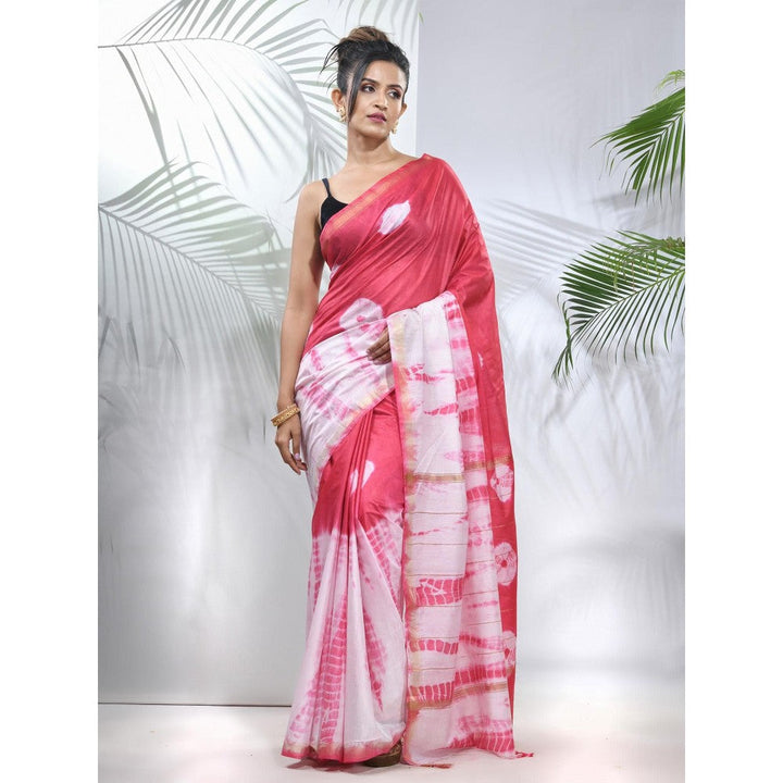 CHARUKRITI Pink and White Shibori Printed Silk Saree with Unstitched Blouse