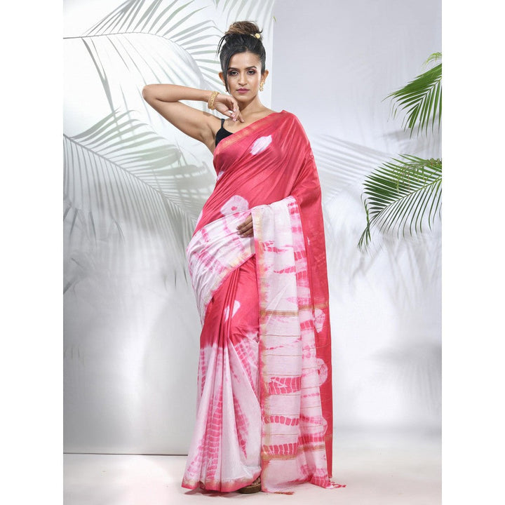 CHARUKRITI Pink and White Shibori Printed Silk Saree with Unstitched Blouse