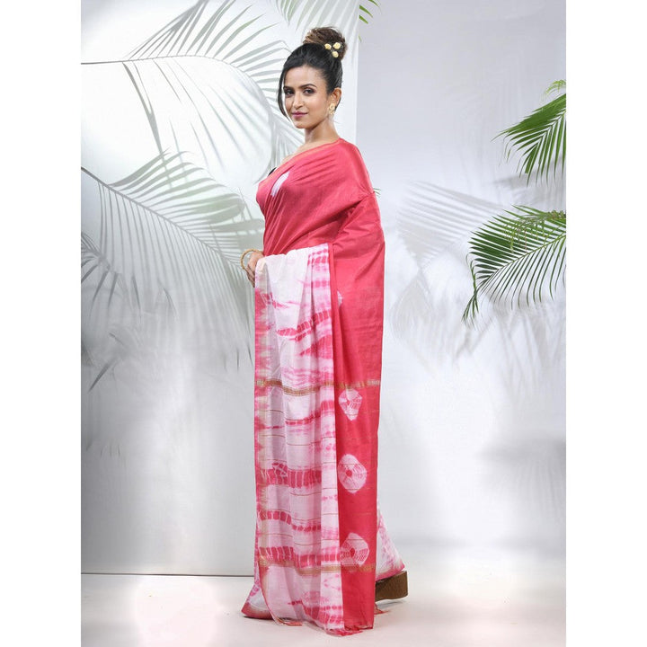 CHARUKRITI Pink and White Shibori Printed Silk Saree with Unstitched Blouse