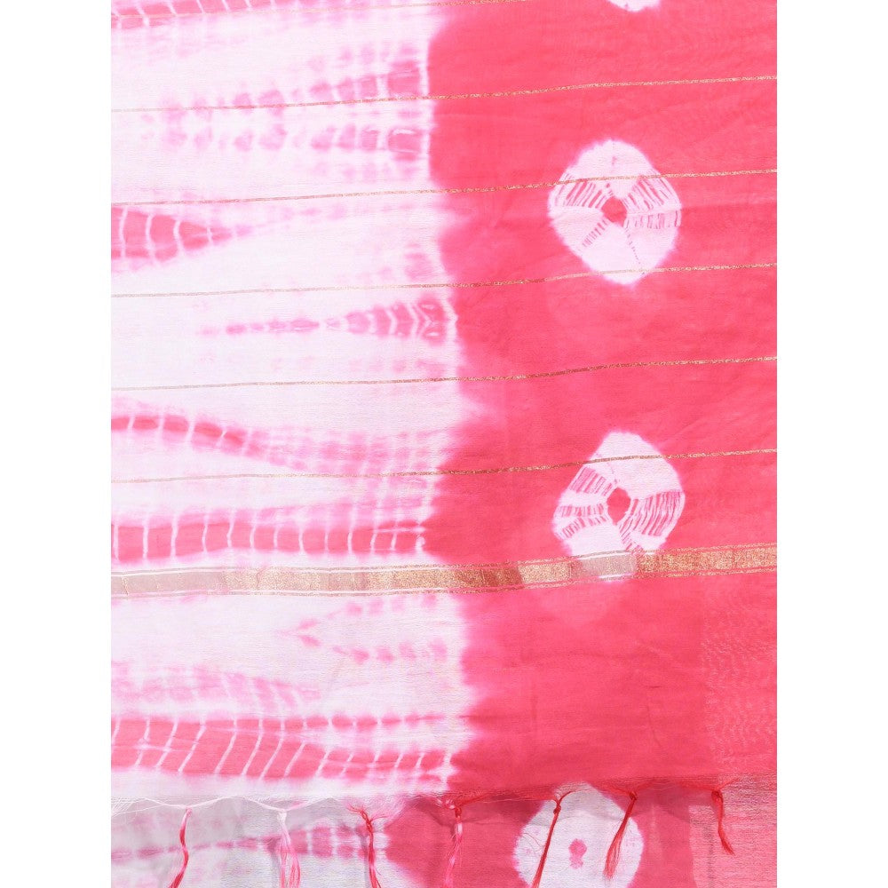 CHARUKRITI Pink and White Shibori Printed Silk Saree with Unstitched Blouse