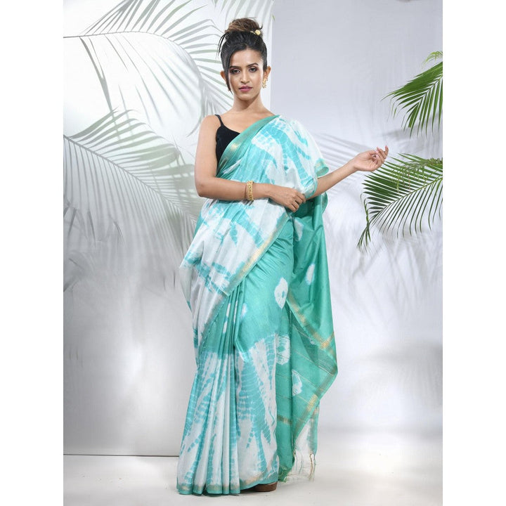 CHARUKRITI Sea Green and White Shibori Printed Silk Saree with Unstitched Blouse