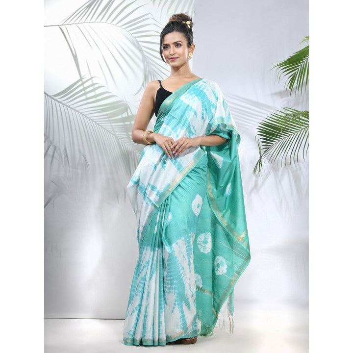 CHARUKRITI Sea Green and White Shibori Printed Silk Saree with Unstitched Blouse