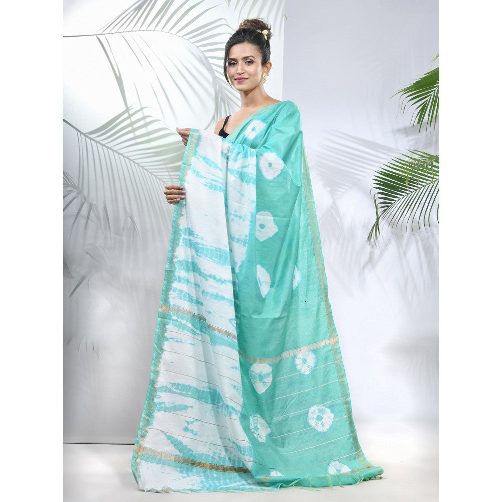 CHARUKRITI Sea Green and White Shibori Printed Silk Saree with Unstitched Blouse